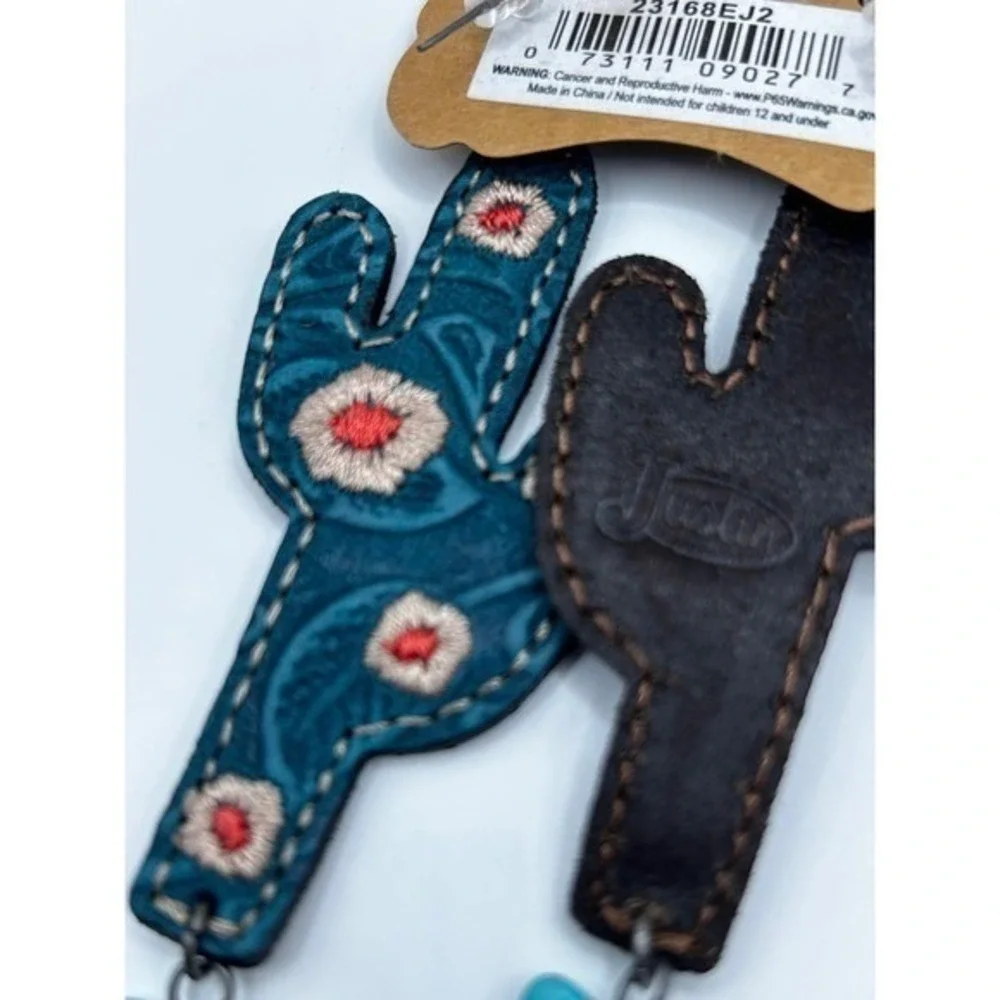Justin Teal Embossed Leather Cactus Drop Earrings with Embroidery and Stones